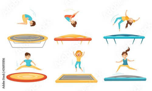Kids Jumping on Trampoline Vector Illustrations Set. Sportive Kids Exercise and Entertainment