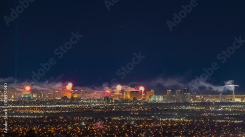 Timelapse shot of the night fireworks of the New Year's Eve at Las Vegas