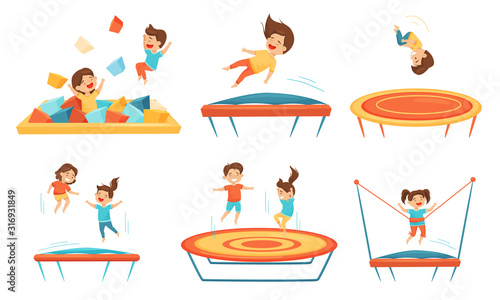 Little Kids Jumping on Trampoline Vector Illustrations Set. Smiling Children Having Fun Outdoors