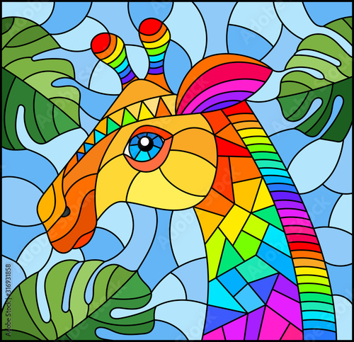 Illustration in the style of stained glass with abstract rainbow giraffe head on a blue background with leaves, rectangular image