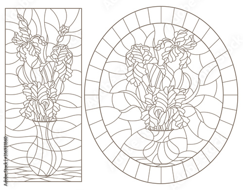 Set of contour illustrations of stained glass Windows with still lifes, vases with iris flowers, dark outlines on a white background