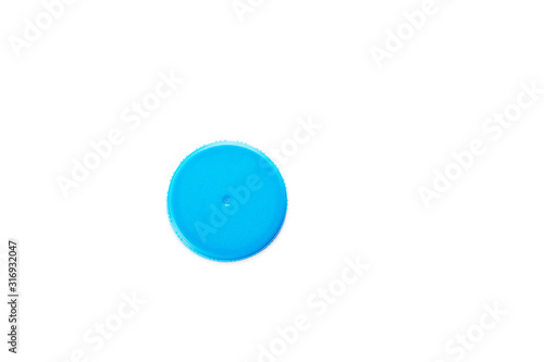 Blue plastic bottle cover on white background, top view