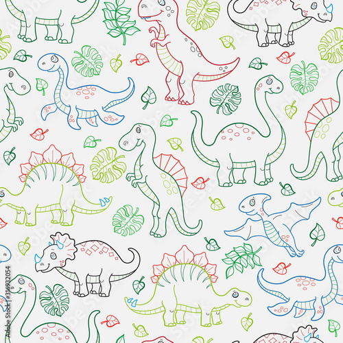 Seamless pattern with dinosaurs and leaves  contoured animals on white background