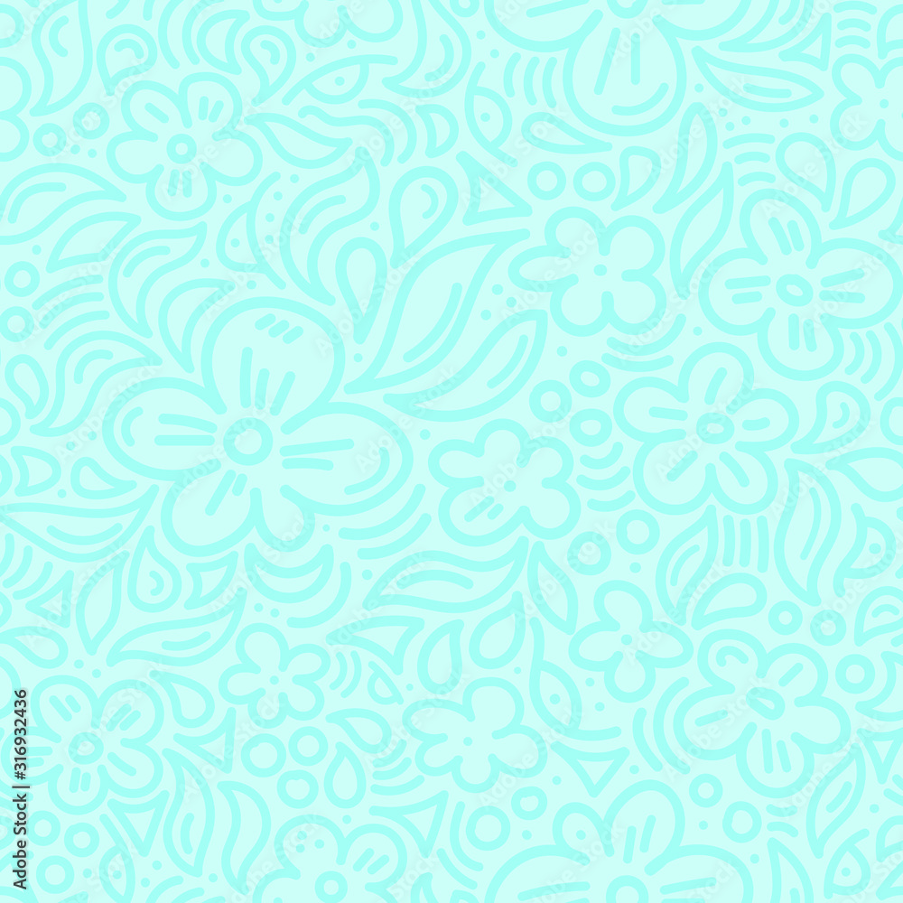 Vector seamless pattern with hand drawing doodle flowers and leaves; blue color; abstract design for fabric, wallpaper, textile, web design.