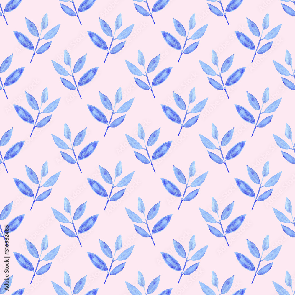 custom made wallpaper toronto digitalwatercolor blue leaves seamless pattern on a pink background. floral