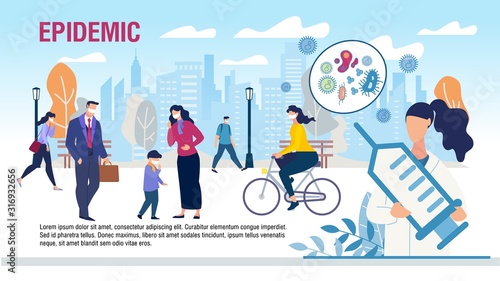Protecting People from Epidemic Flat Promo Banner. Virus Attacks. Cartoon Man, Children in Protective Facial Masks to Avoiding Infection. City Street. Doctor with Syringe. Vector Illustration