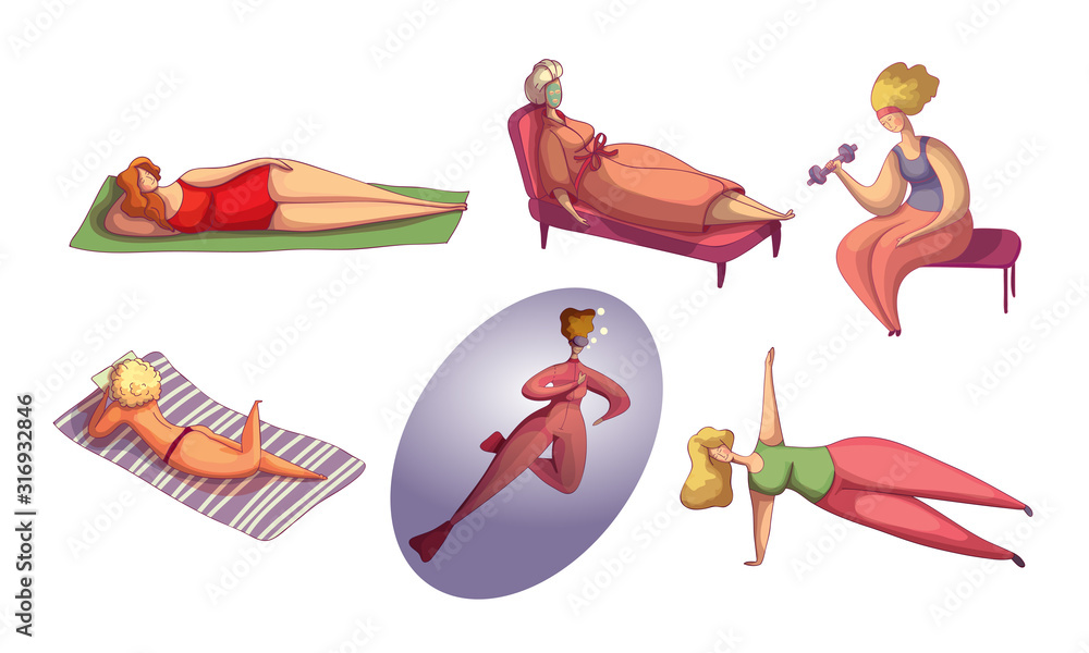 Female Character Doing Different Seasonal Activities Vector Illustrations Set Female Character Doing Different Seasonal Activities Vector Illustrations Set