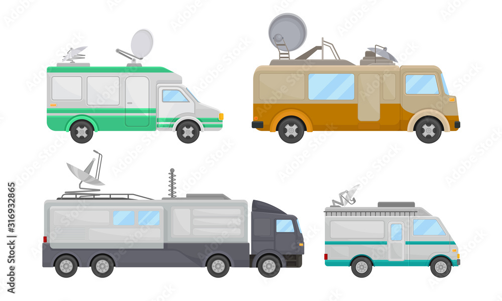 Broadcasting Car with Satellite Antenna Vector Set. Tv Vehicles Collection