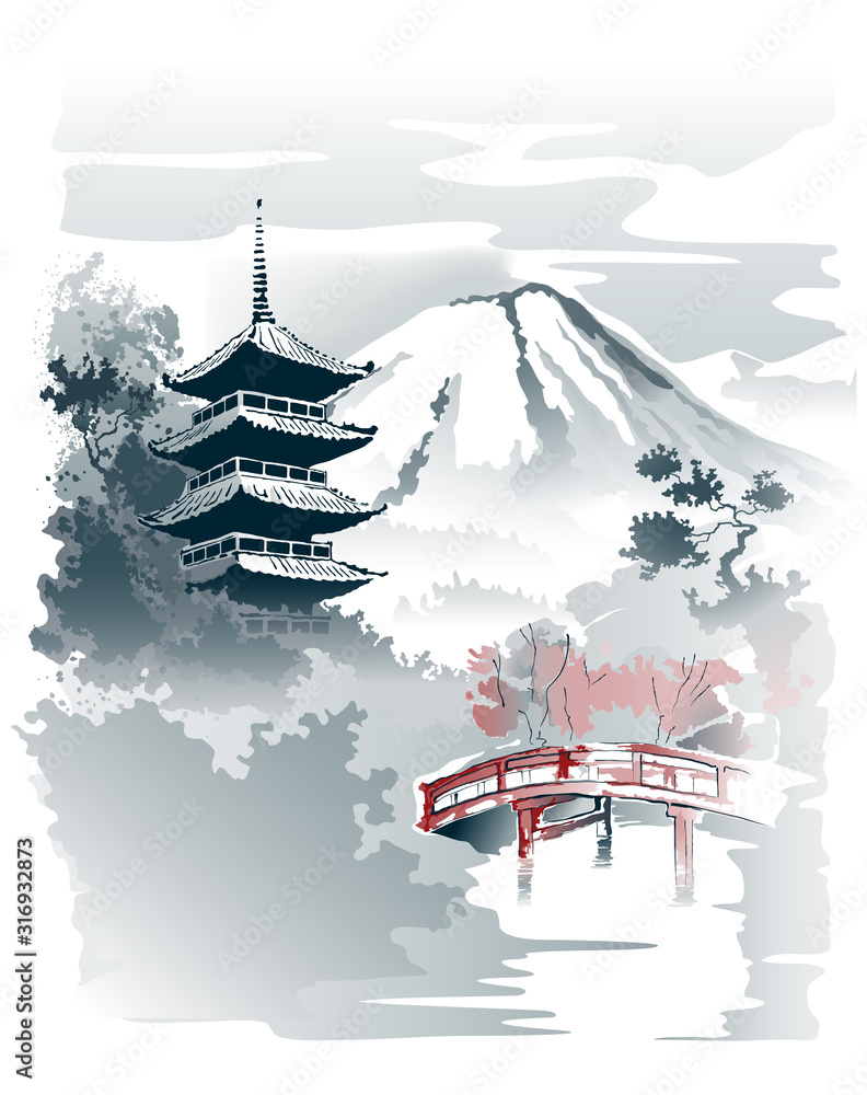 Fototapeta Mountain temple, Pagoda and red bridge under the mountain. Vector drawing in traditional japanese style sumi-e.