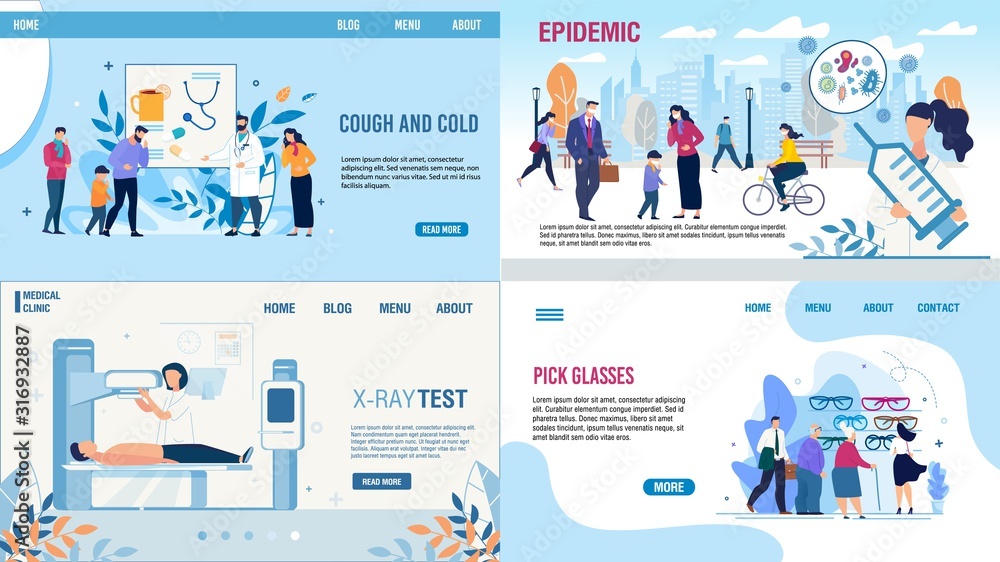 Medical Tests and Treatment Methods Landing Page Set. Cold, Flu and Infection with Cough Symptom. Protection from Epidemic. X-Ray Test and Pick Glasses Procedure. Vector Cartoon Illustration
