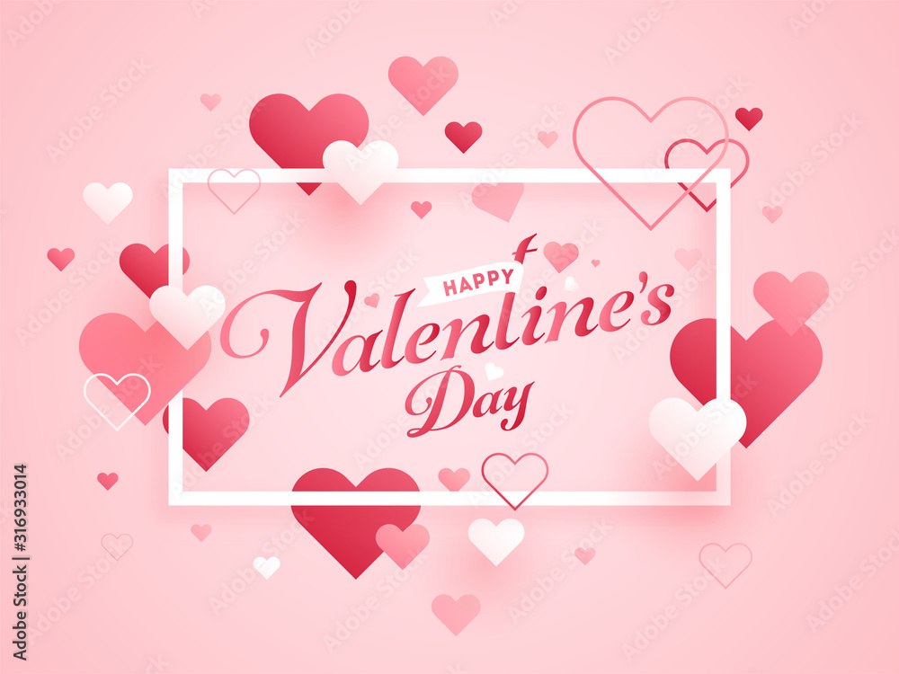 Happy Valentine's Day Font with Hearts Decorated on Glossy Pastel Pink Background.