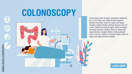 Flat Landing Page Offering Colonoscopy Procedure. Cartoon Patient and Doctor in clinic Laboratory. Rectum Diseases Screening, Prevention and Treatment at Hospital. Vector Intestine Health Illustration