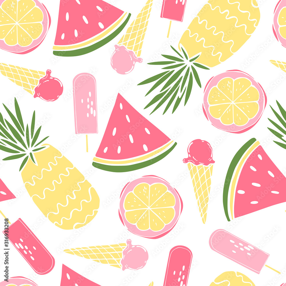 Summer food. Hand drawn fruits and ice cream. Vector seamless pattern. Summer food. Hand drawn fruits and ice cream. Vector seamless pattern.