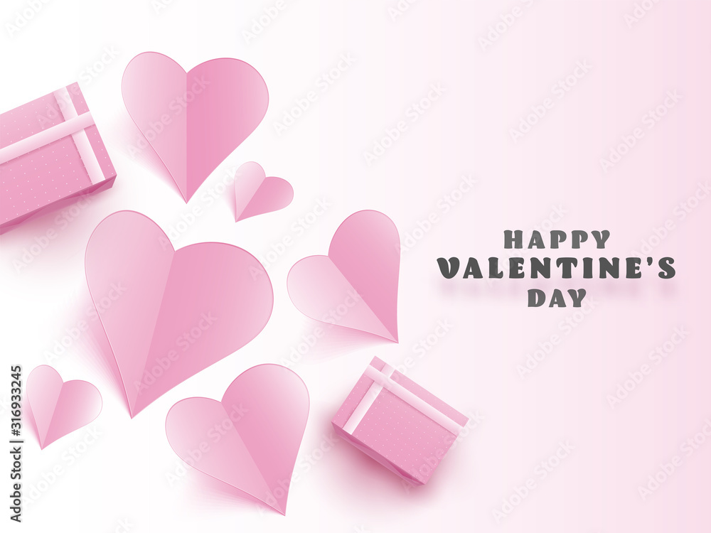Pink Paper Hearts with Top View Gift Boxes on Glossy Background for Happy Valentine's Day Celebration Concept.