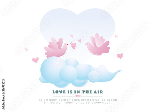 Pink Birds Couple with Hearts and Blue Cloud on White Background for Love is in the air concept.