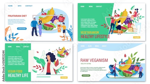 Healthy Eating, Fruitarian Diet, Vegetarianism, Raw Veganism, Vegans Food Advertising Trendy Flat Landing Page. Online Service for Consultation and Menu Selection. Vector Cartoon Illustration
