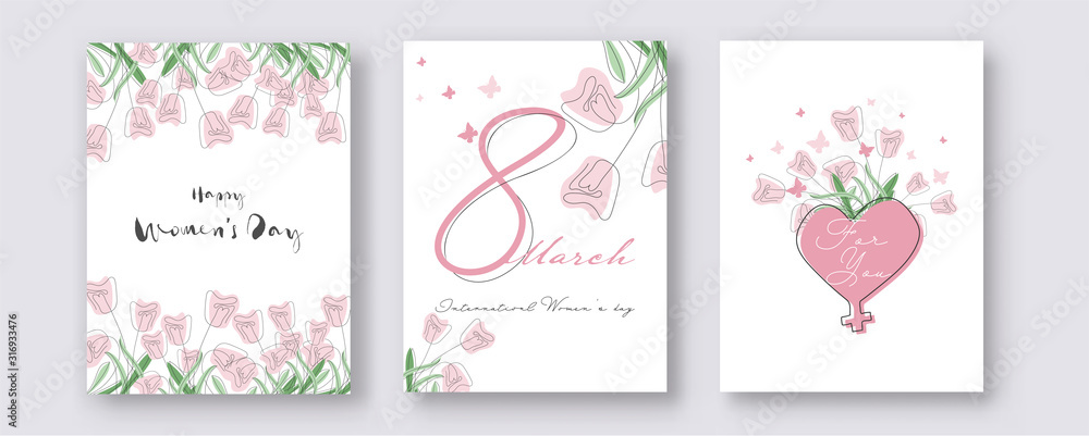 8 March, Happy Women's Day Template Design Decorated with Doodle Style Tulip Flowers, Butterflies and Heart Shape Venus Sign in Three Option.