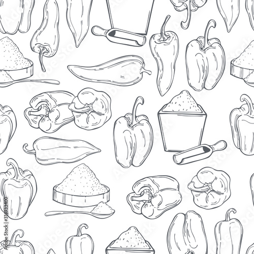 Hand drawn spice paprika. Vector  seamless pattern.