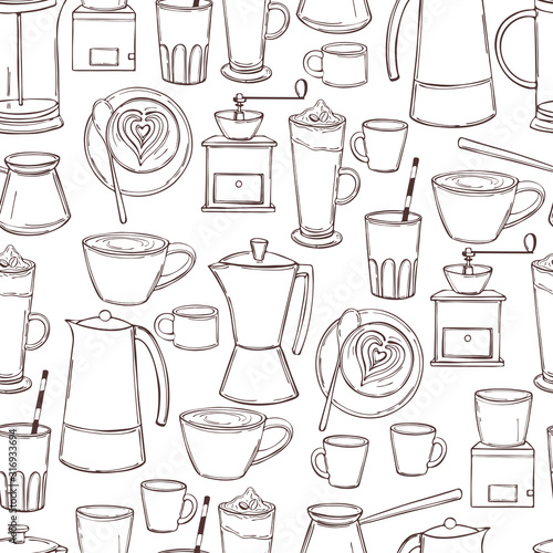 Hand drawn coffee set. Сoffee makers  and grinders. Vector  seamless pattern.