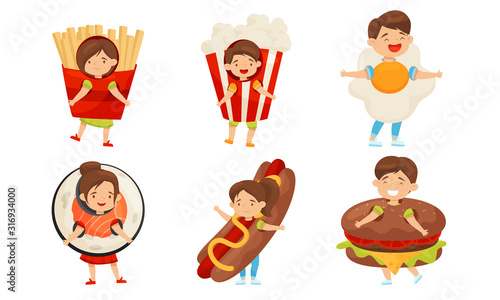 Little Kids Wearing Food Costumes and Smiling Vector Illustrations Set © Happypictures