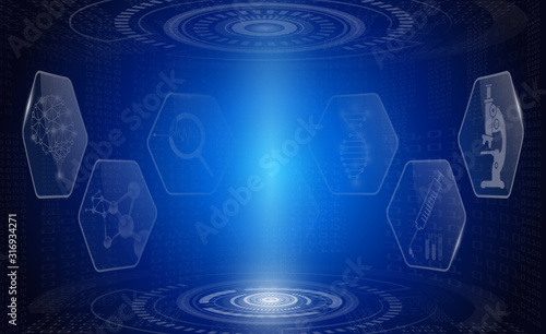 abstract background technology concept in blue light,brain and human body heal ,technology modern medical science in future and global international medical with tests analysis clone DNA human