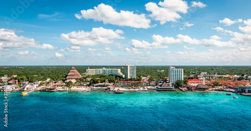 Panoramic view of harbor and cruise port of Cozumel, Mexico.