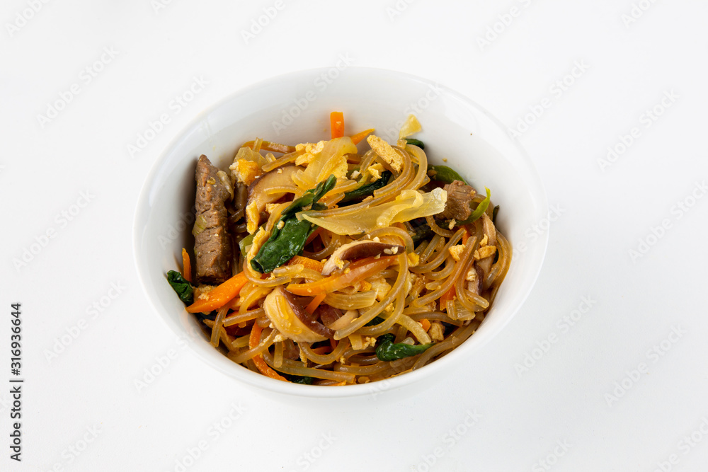 Stir fried Korean glass noodle with soy sauce called Japchae