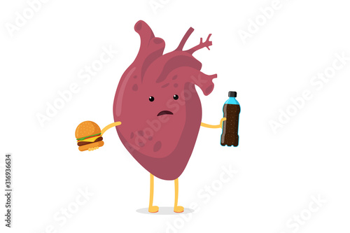 Sad unhealthy sick cartoon heart character with fast food soda beverage bottle and burger. Human ill circulatory organ mascot pain bad emotion. Vector illustration