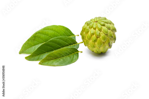 Sugar apple or custard apple with green leaf isolated on white background photo