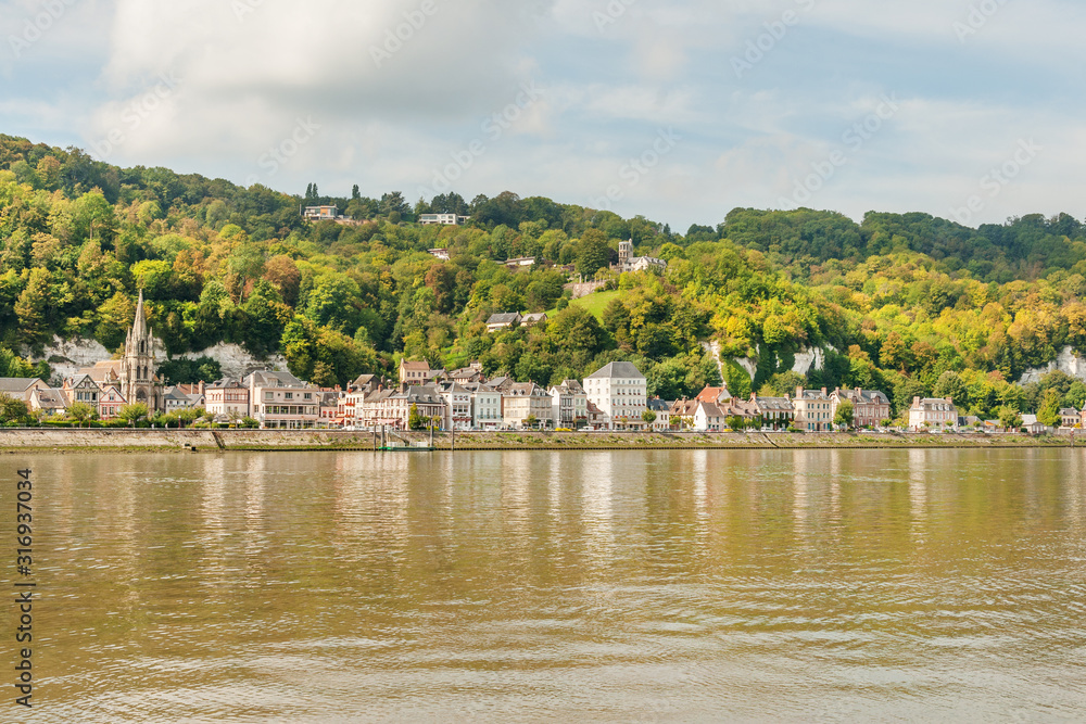 Panorama of picturesque commune La Bouillle alongside Seine river in Normandy, France