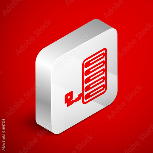 Isometric line Server icon isolated on red background. Adjusting app, service concept, setting options, maintenance, repair, fixing. Silver square button. Vector Illustration