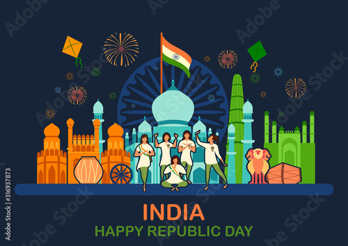 illustration of flat minimal simplistic background for 26 January Happy Republic Day of India