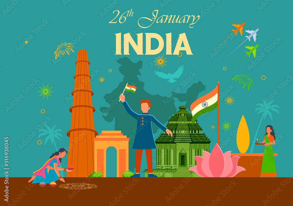 Fototapeta premium illustration of flat minimal simplistic background for 26 January Happy Republic Day of India