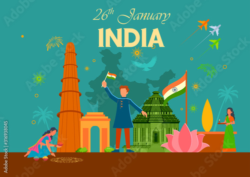 illustration of flat minimal simplistic background for 26 January Happy Republic Day of India