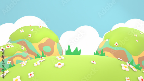 Cartoon spring flowers mountain landscape  white clouds  and blue sky. 3d rendering picture.