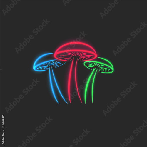 Psilocybin mushrooms logo glow toxic neon, magic psychedelic colorful vector illustration, t-shirt print for apparel