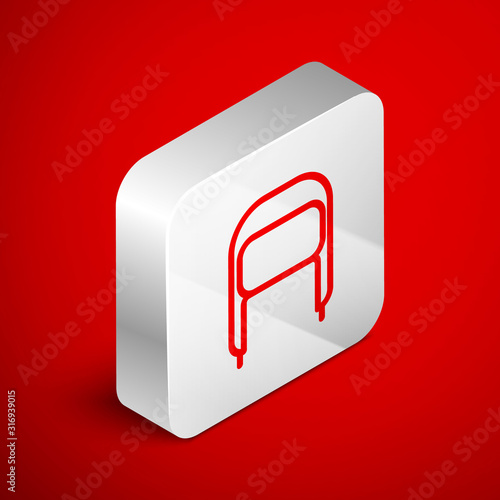Isometric line Winter hat with ear flaps icon isolated on red background. Silver square button. Vector Illustration