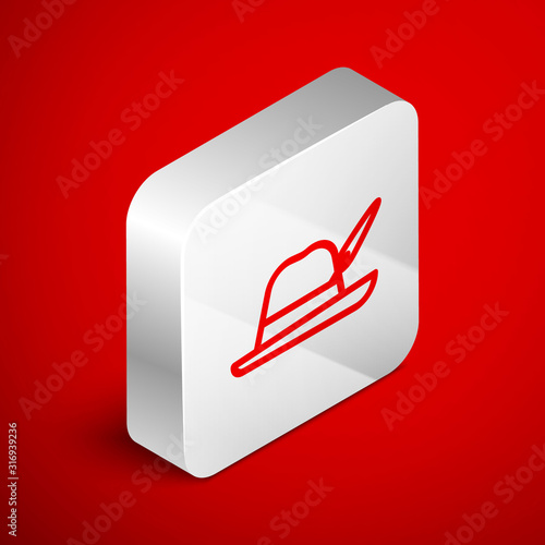 Isometric line Oktoberfest hat icon isolated on red background. Hunter hat with feather. German hat. Silver square button. Vector Illustration