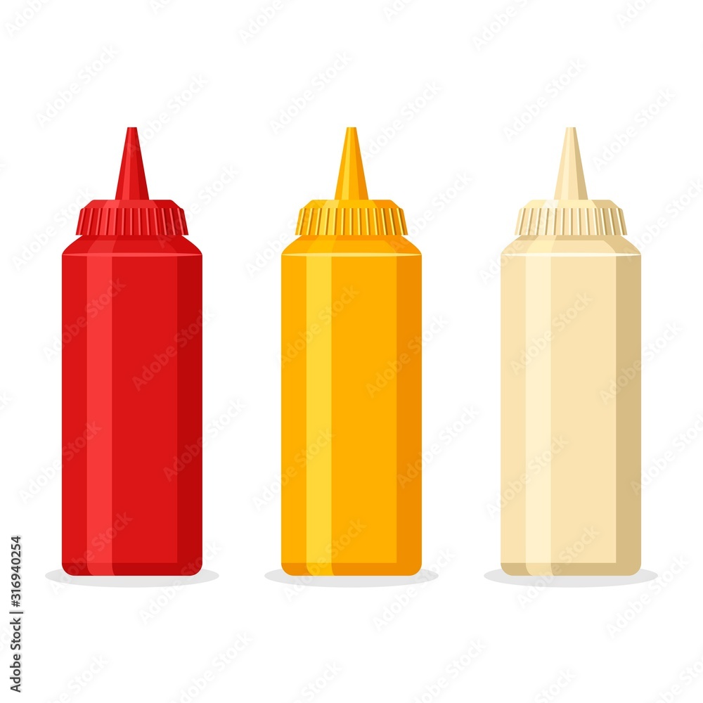 Ketchup mustard and mayonnaise bottles with spicy delicious sauce for fast food. White, red, yellow containers for sauces and dressings isolated on white background. Vector illustration Ketchup mustard and mayonnaise bottles with spicy delicious sauce for fast food. White, red, yellow containers for sauces and dressings isolated on white background. Vector illustration