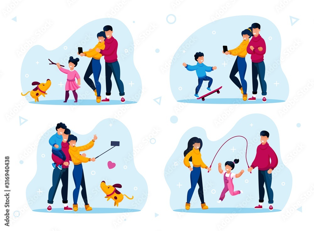 Fototapeta premium Family Outdoor Recreation and Active Lifestyle Trendy Flat Vector Concepts Set. Parents and Child Playing with Dog, Shooting Memorable and Selfie Photos, Girl Jumping on Rope Isolated Illustrations