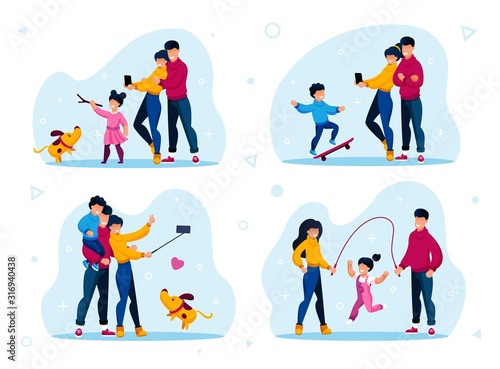 Family Outdoor Recreation and Active Lifestyle Trendy Flat Vector Concepts Set. Parents and Child Playing with Dog, Shooting Memorable and Selfie Photos, Girl Jumping on Rope Isolated Illustrations