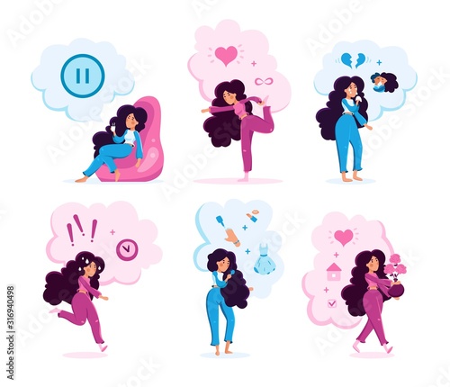 Modern Woman, Young Lady Character Set. Women Daily Routines, Situations, Lifestyle Scenes, Hobby, Relations, Entertainment Activities Trendy Flat Vector Illustrations Set Isolated on White Background