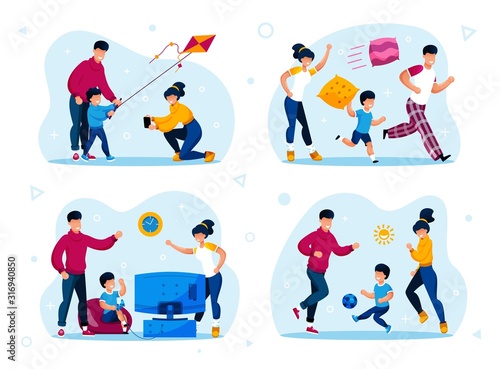Family Outdoor Recreation and Home Activities Trendy Flat Vector Concepts Set. Parents with Children Launching Kite, Playing Video Games, Fighting with Pillows, Playing Soccer Isolated Illustrations