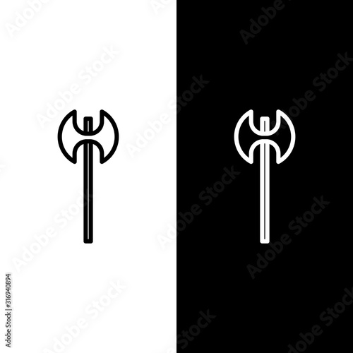 Set line Medieval axe icon isolated on black and white background. Battle axe, executioner axe. Medieval weapon. Vector Illustration
