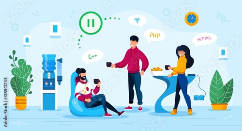 Office Coworkers Communication Trendy Flat Vector Concept. IT Company Employees, Online Startup Team, Female and Male Programmers Doing Pause in Work, Relaxing and Talking on Coffee Break Illustration