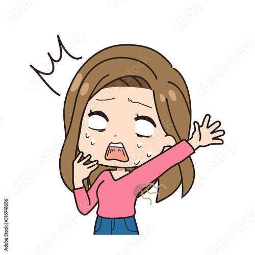 Diagonal illustration of a woman with a complex aside, upper body.