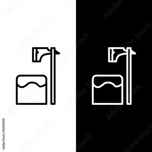 Set line Executioner axe in tree block icon isolated on black and white background. Hangman, torturer, executor, tormentor, butcher, headsman. Vector Illustration