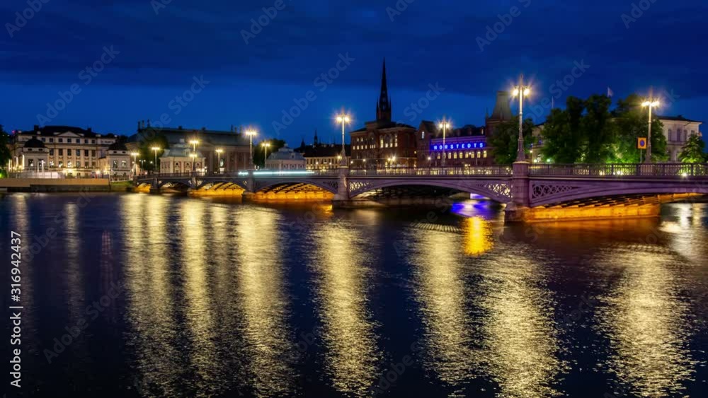 Time lapse video of illuminated Vasabron bridge at night, Stockholm, Sweden Time lapse video of illuminated Vasabron bridge at night, Stockholm, Sweden