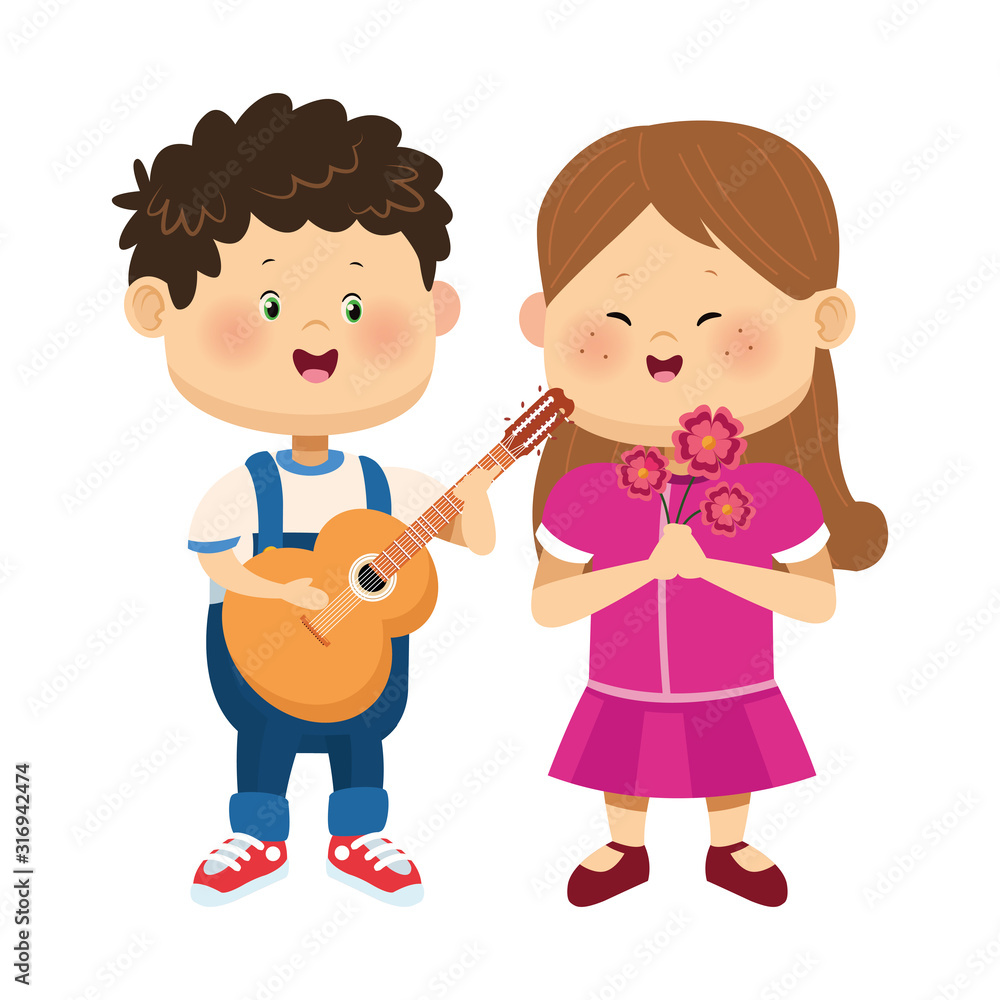 cute boy with guitar and girl with flowers cute boy with guitar and girl with flowers