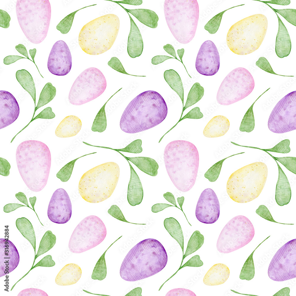Cute watercolor seamless floral pattern; colorful easter eggs and green leaves on white background